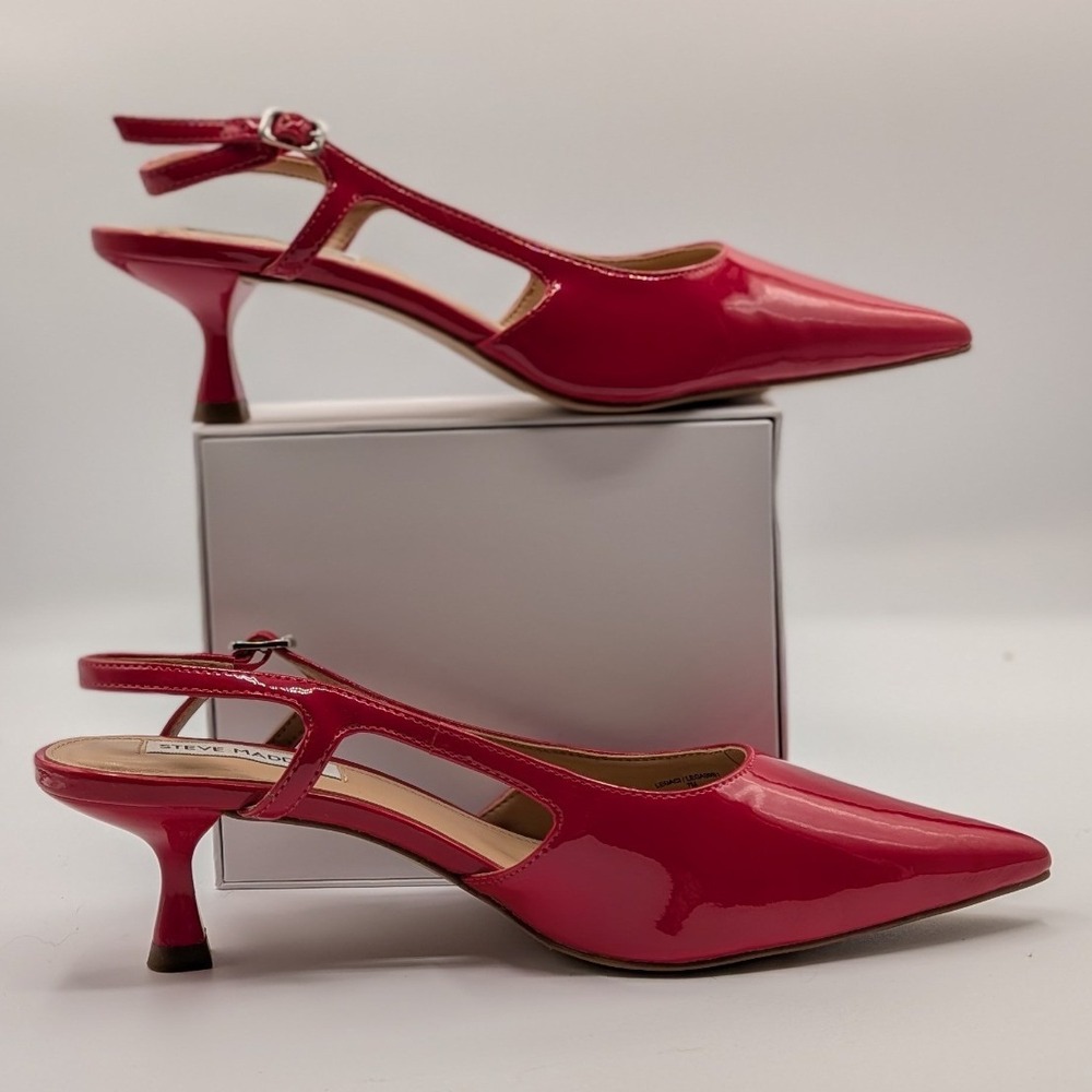 Steve Madden Size 7 $90 Red Patent Slingback Kitten Heels Pointed Toe Pumps - Picture 9 of 11